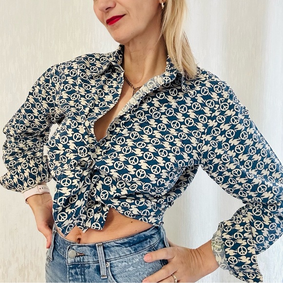 Lucky Brand peace sign ☮️ all over print cotton button down shirt - Picture 7 of 10